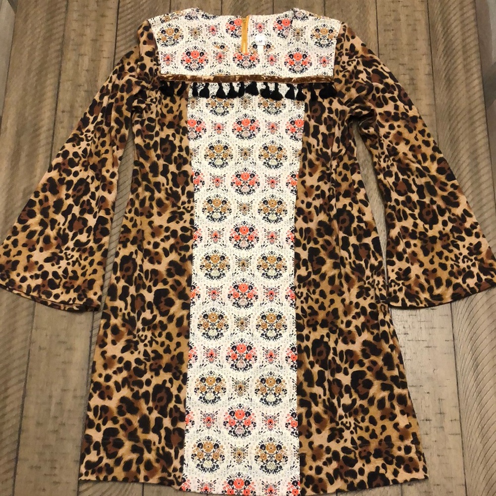 Uncle Frank Anthropologie mixed media contrast leopard animal print dress FLAWS
